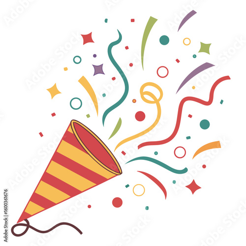 Festive party popper releasing colorful confetti and streamers