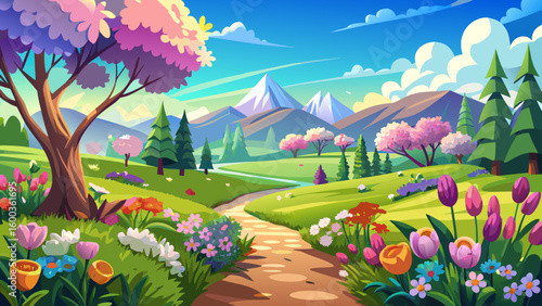 Vast spring meadow, vibrant blooms in panoramic view, gorgeous, garden, botany
