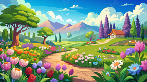 Vast spring meadow, vibrant blooms in panoramic view, gorgeous, garden, botany