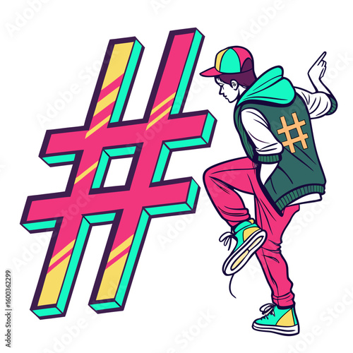 Graffiti hashtag symbol with dancer hip hop