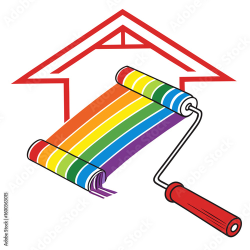 Paint roller applying rainbow stripes over house outline home