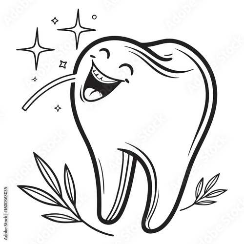 Happy tooth flossing with sparkles and leaves dental care