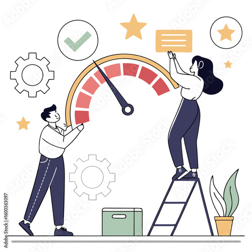 People adjusting progress meter with gears and stars woman