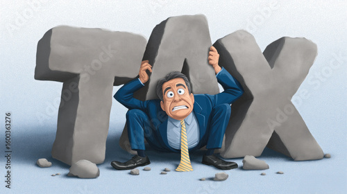 Man trapped under heavy tax letters, stressed businessman struggling with financial burden, anxiety and pressure concept