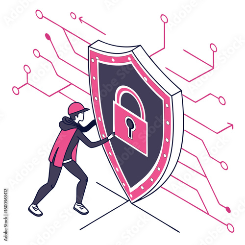Person protecting digital shield with pink lock and circuits digital security protection