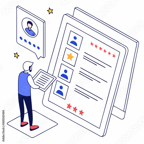 Person reviewing digital profiles with stars hiring system