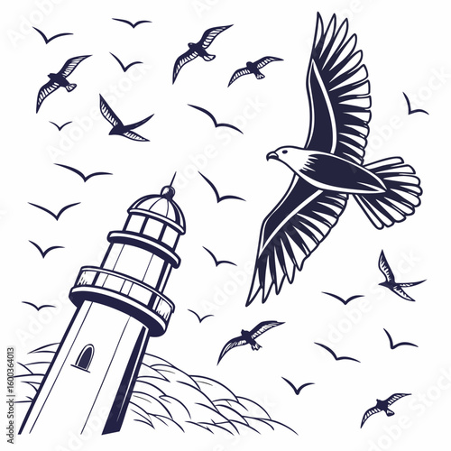 Lighthouse and soaring birds flying ocean