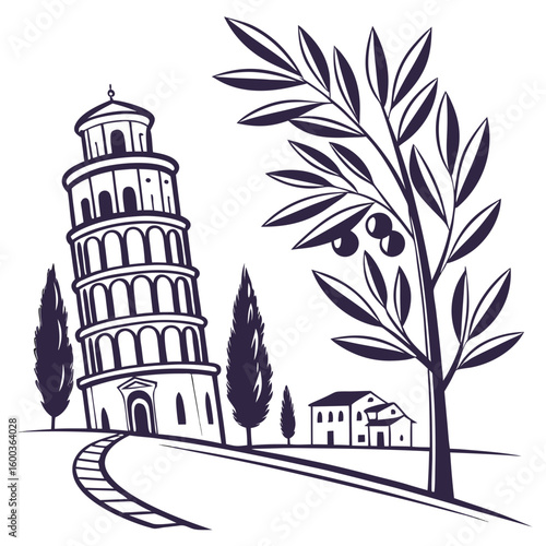 Leaning tower with olive tree and cypress trees italy