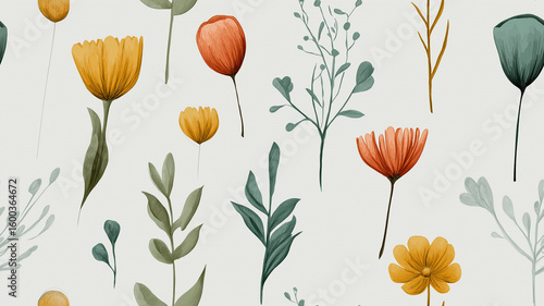 繊細なタッチで描かれた透明感あふれるボタニカルパターンの花模様壁紙｜ナチュラルな雰囲気と優しい色合いが魅力の背景素材｜植物、草花、インテリア、壁紙、包装紙、テキスタイルに使える万能イメージ