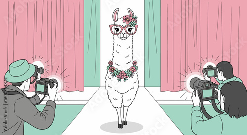 Cartoon Llama Strutting Runway with Floral Crown and Pink Glasses