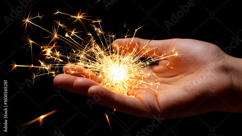 A hand holding a sparkler against a black background. Celebration and festive mood.