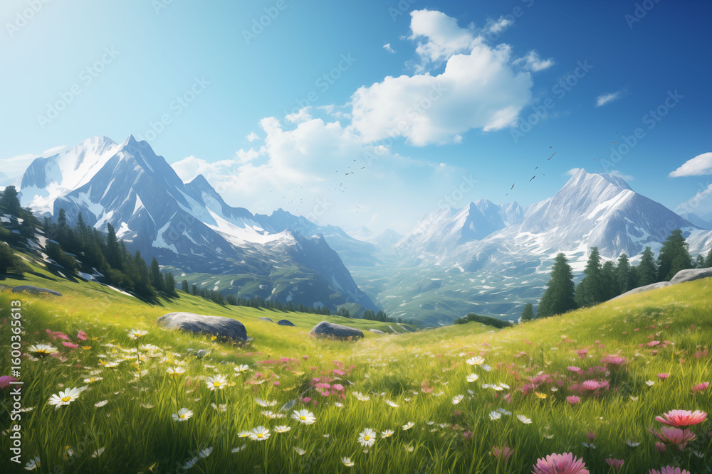 Fototapeta premium Quiet alpine meadows with snow-capped mountains