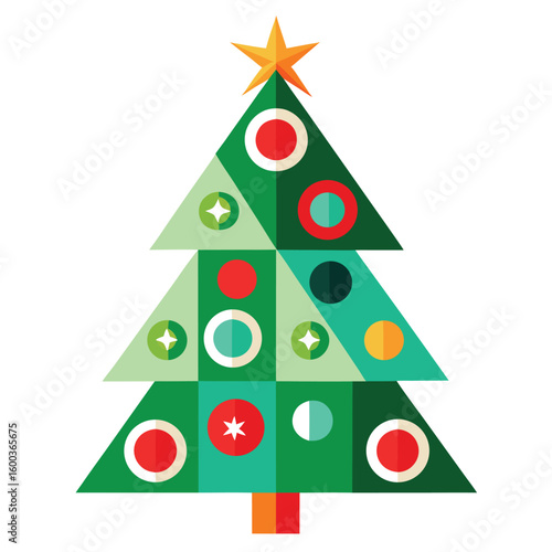 A vibrant retro-style Christmas tree featuring bold, blocky green shapes, evoking a nostalgic and playful holiday feel.