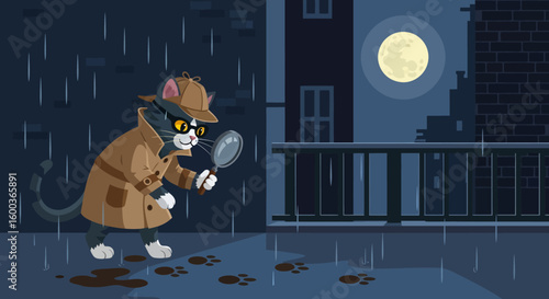 Detective Cat Investigating Footprints Under Moonlight and Rain.