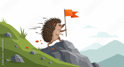 Determined Hedgehog Conquering Mountain Peak with Orange Flag Illustration