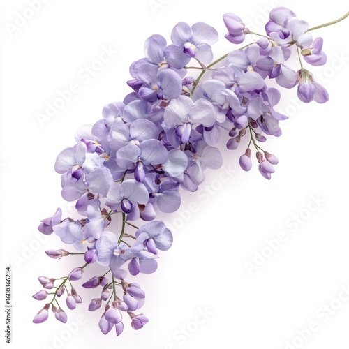 Elegant wisteria flowers blossom in soft lavender hues against a clean white backdrop for spring