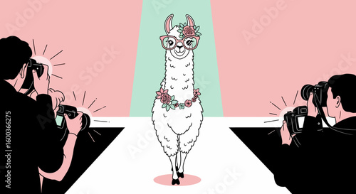 Fashionable Llama Strutting the Runway with Floral Accessories and Pink Glasses.