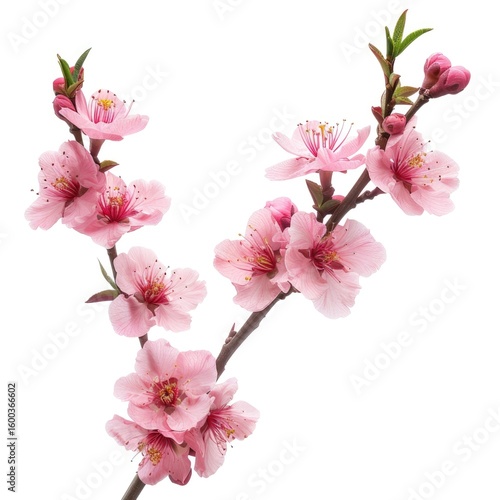 Delicate pink peach blossoms branch isolated on white background, showcasing springtime beauty.