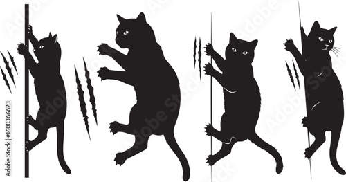 Four black cat silhouettes climbing scratching post