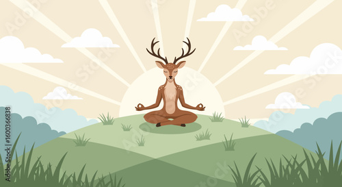 Meditative Deer with Antlers in Lotus Position on Green Hill