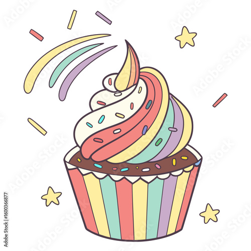 Rainbow cupcake with sprinkles and stars frosting