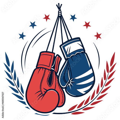 Red blue boxing gloves hanging with stars and laurel wreath