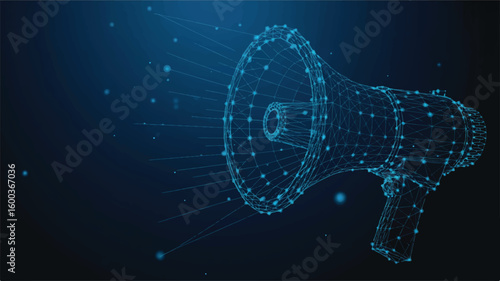 Digital Megaphone: A modern digital depiction of a megaphone, rendered in a cool blue palette, representing the concept of announcement, broadcast, marketing, and reaching out. 