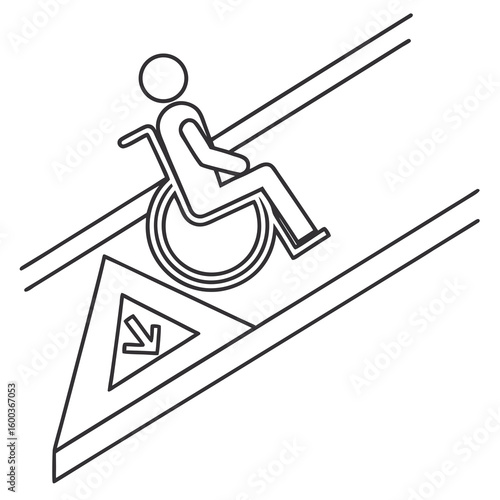 Person in wheelchair on inclined ramp with directional arrow