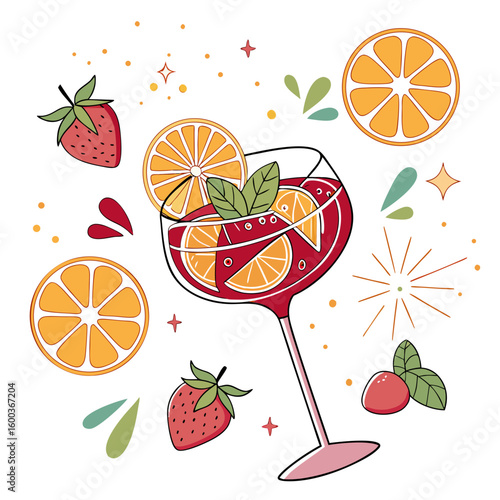 Refreshing red cocktail with citrus and berries drink orange