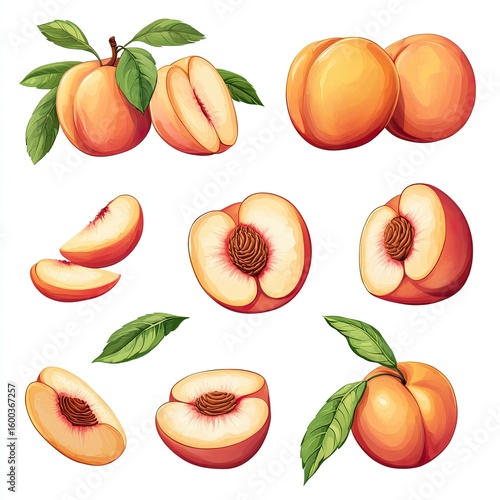 A collection of juicy peaches, whole and sliced, with leaves, illustrating their freshness and deliciousness.