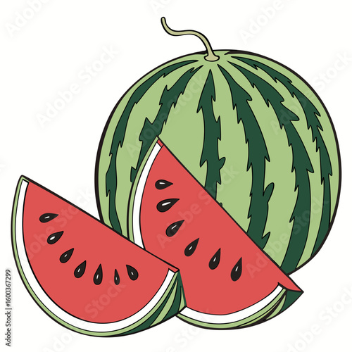 Ripe watermelon slices with seeds and green rind fruit