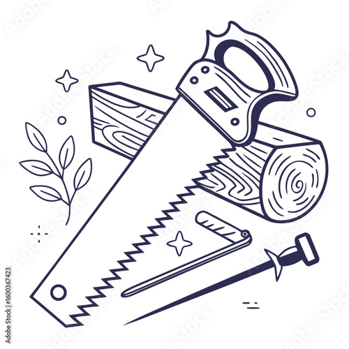 Saw cutting wood with tools and leaves lumber carpentry