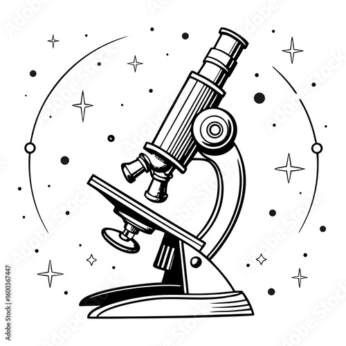 Scientific microscope with celestial elements and stars science learning
