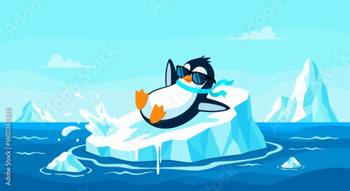 Relaxed Penguin Enjoying Sunny Day on Iceberg with Sunglasses and Scarf