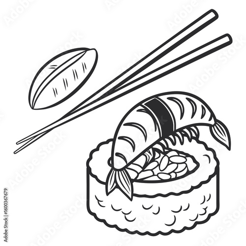 Shrimp sushi roll with chopsticks and nori leaf vector