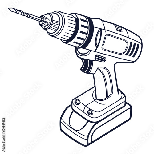 Power drill with bit on white background power tool