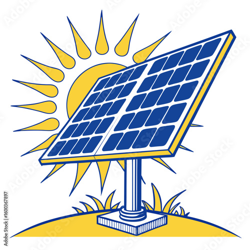 Solar panel with sun rays and grass blue yellow