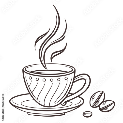 Steaming Coffee Cup with Beans saucer