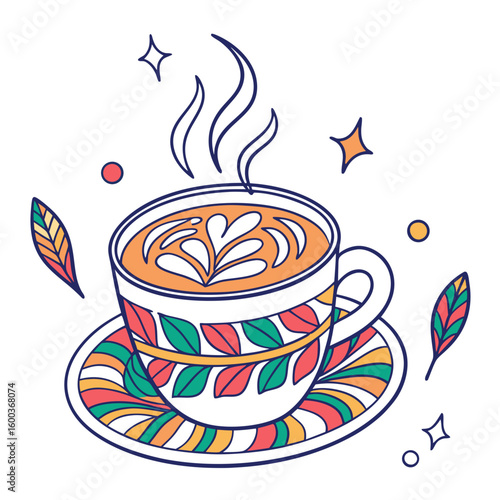 Steaming coffee cup with decorative saucer and leaves latte art hot drink