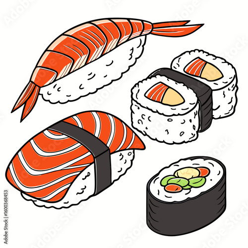 Salmon shrimp nigiri and maki rolls sushi sashimi