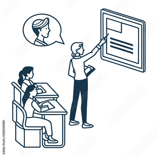 Teacher presenting information to students at desks classroom presentation