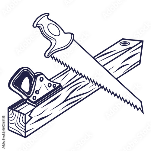 Saw and wood plank woodworking construction