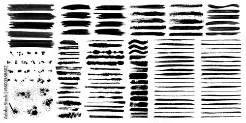 Brush strokes bundle. Vector paintbrush set. Circle frames. Round grunge design elements. Rectangle, square and burst text boxes. Dirty distress texture banners. Ink splatters. Grungy painted lines