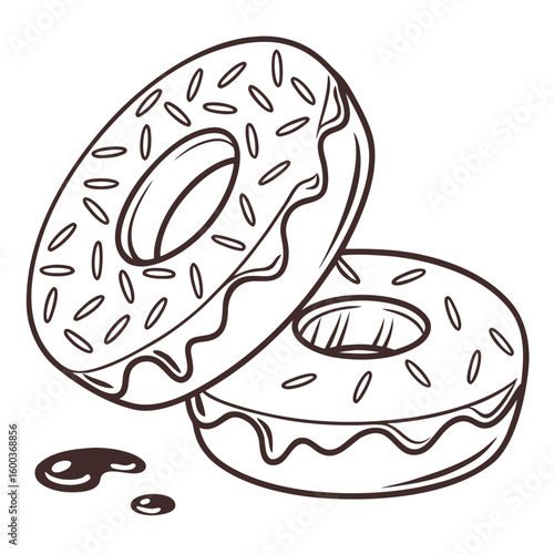 Two sweet donuts with sprinkles and chocolate drizzle food treat