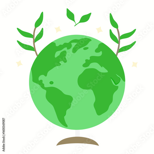 Vibrant green planet earth with sprouting branches and sparkling lights globe nature