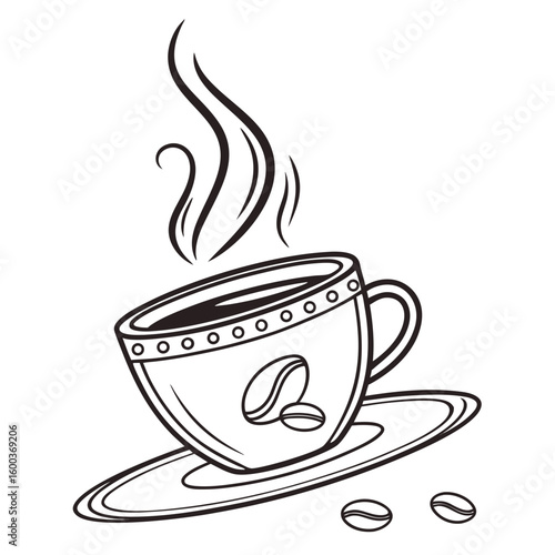 Steaming Coffee Cup With Beans saucer coffee beans