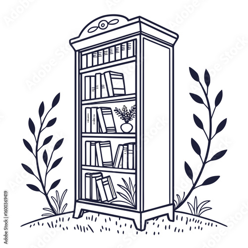 Tall bookshelf with books and foliage branches leaves