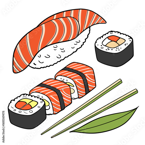 Vivid salmon sushi rolls and nigiri with chopsticks maki rolls