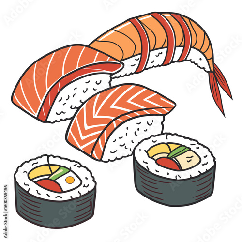 Vivid salmon nigiri and sushi rolls sashimi maki