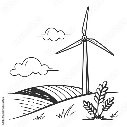 Wind turbine generating clean energy in a rural landscape with clouds renewable energy